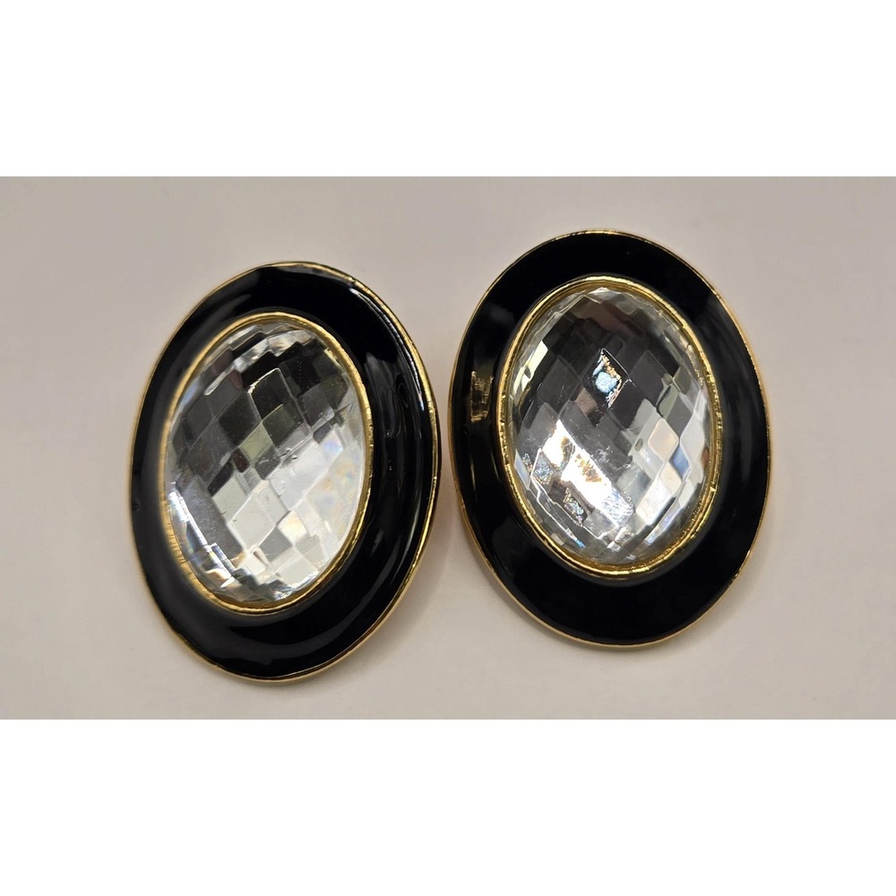Vintage Gold Tone Black Enamel Oval Stud Earrings with Faceted Clear Crystal